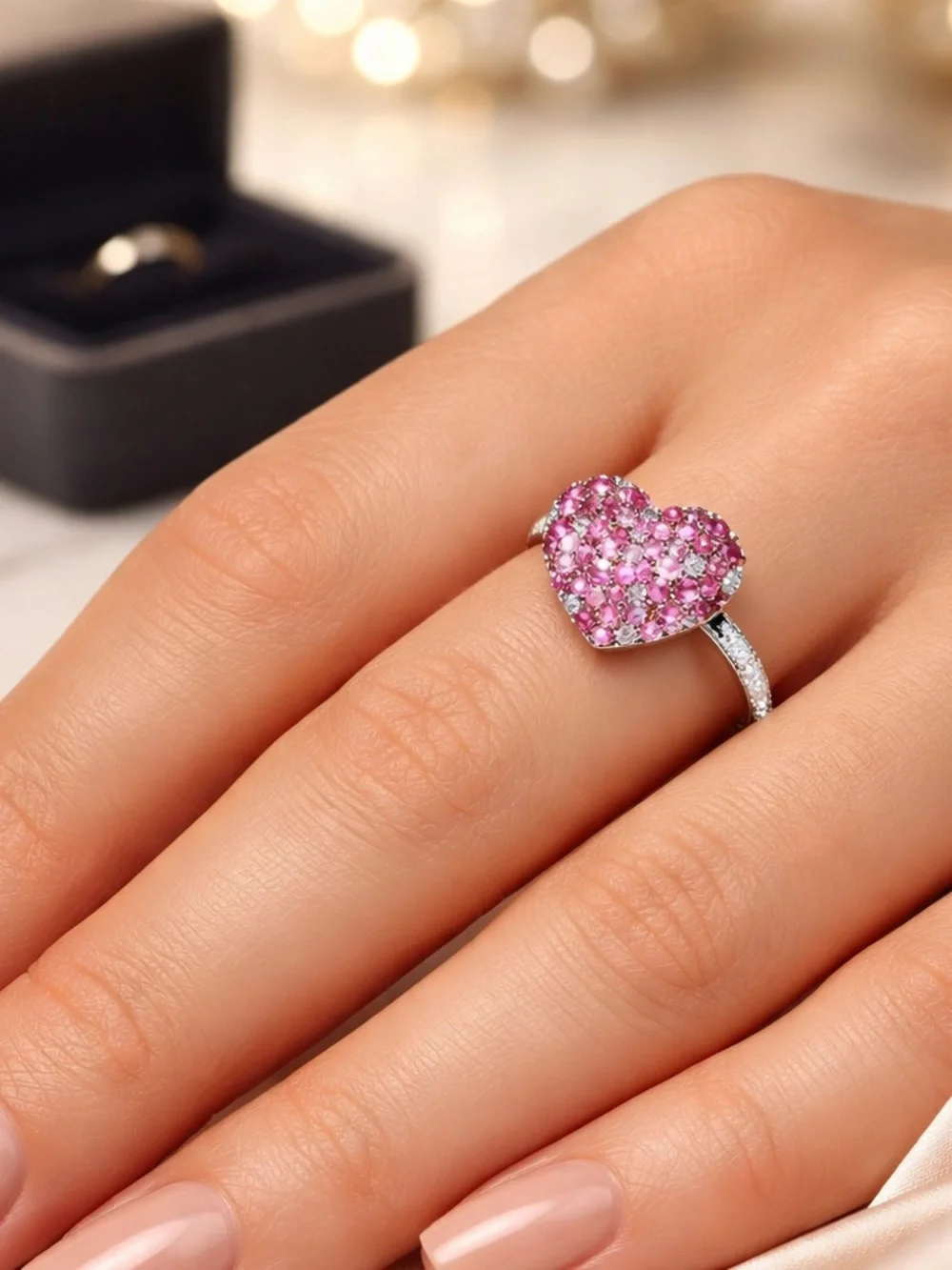 EFFY Pink Sapphire Heart Ring Sterling Silver Cluster Ring Size 7 Fine Jewelry